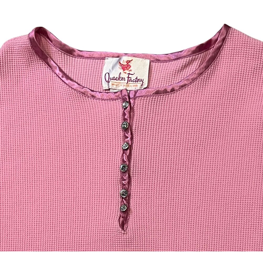 Quacker Factory pink waffle knit long-sleeve thermal henley top Sz XL